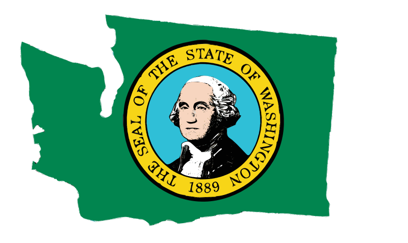 Washington State Flag imposed on an outline of the state itself, representing the new long term care tax in the state